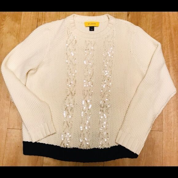 St John Cable Sequin Sweater White Blue Large - Picture 5 of 9